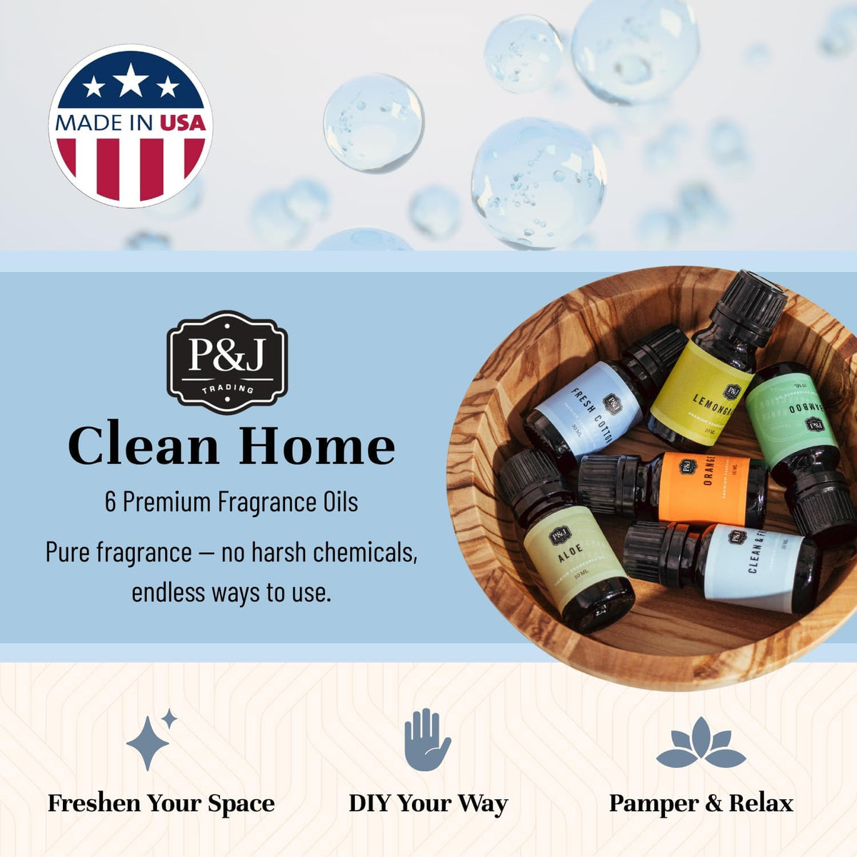 P&J Fragrance Oil Clean Home Set | Lemongrass, Fresh Cotton, Clean & Fresh, Aloe, Bamboo, Orange