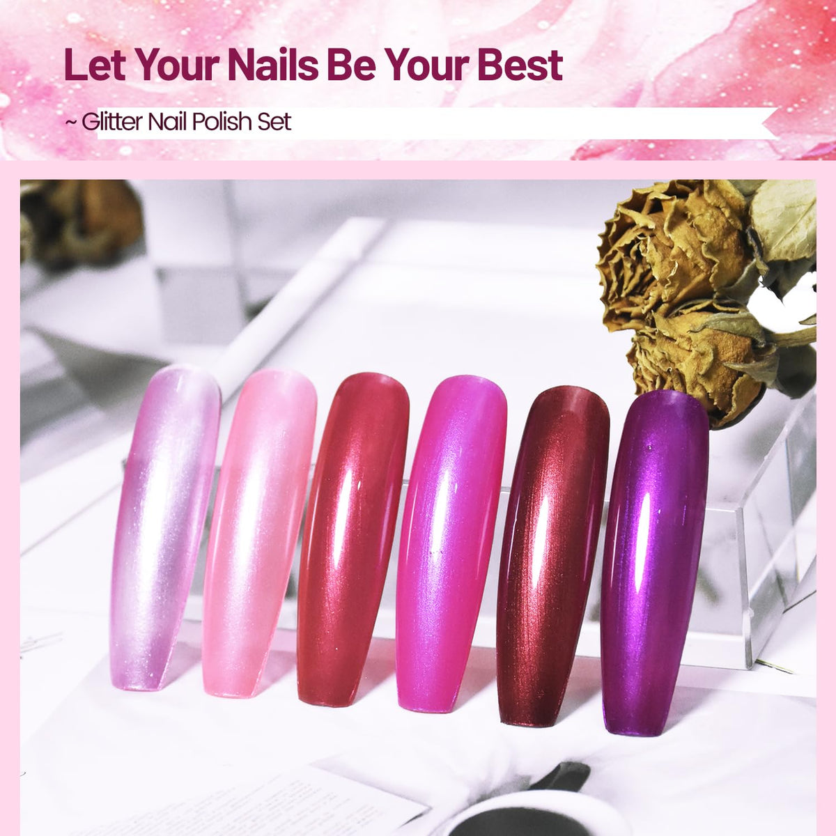 10ml 6 Colors Red Glitter Nail Polish Set Glitter Rose Red Pink Deep Purple Series Nail Polish