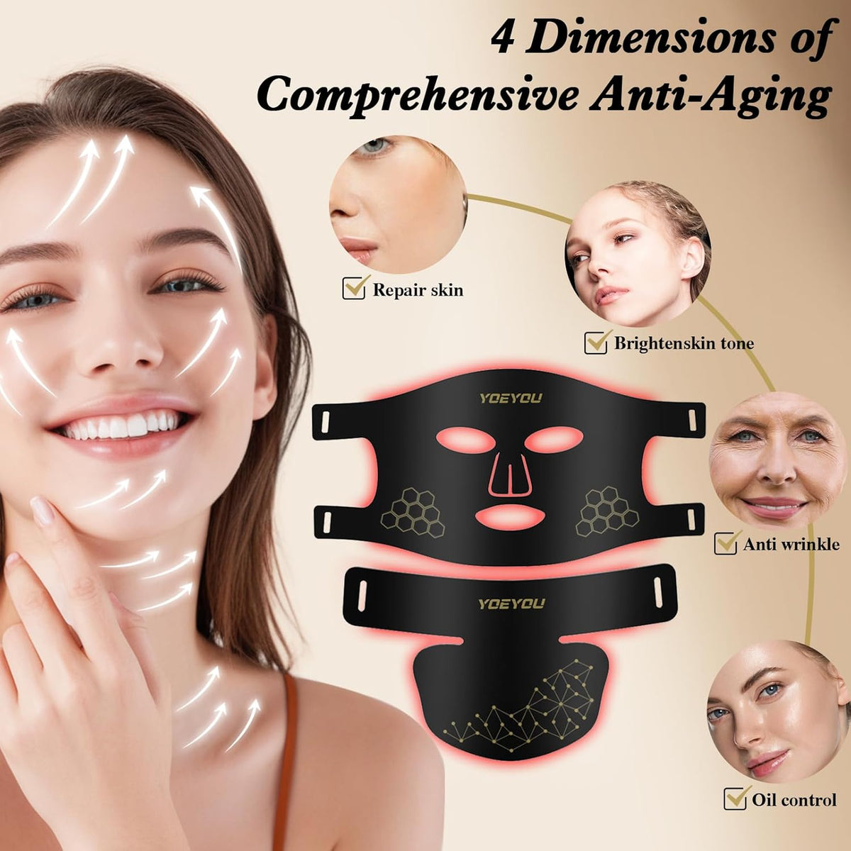 Red Light Therapy for Face and Neck, Infrared LED Mask Light Therapy 4 Light Waves with 850nm Near