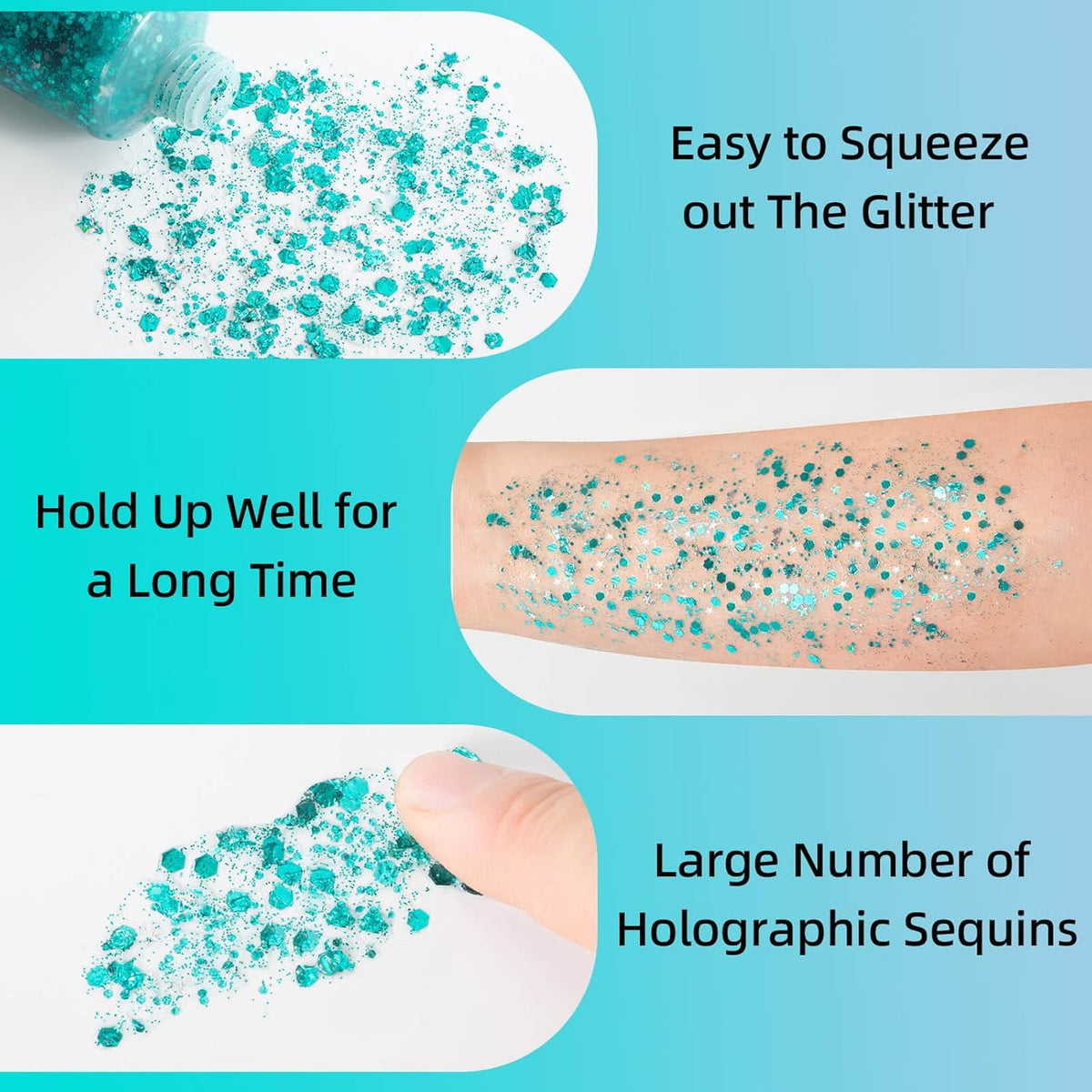 MEICOLY Teal Body Glitter,Mermaid Face Glitter Gel for Halloween Face Paint,Dazzle Green Chunky