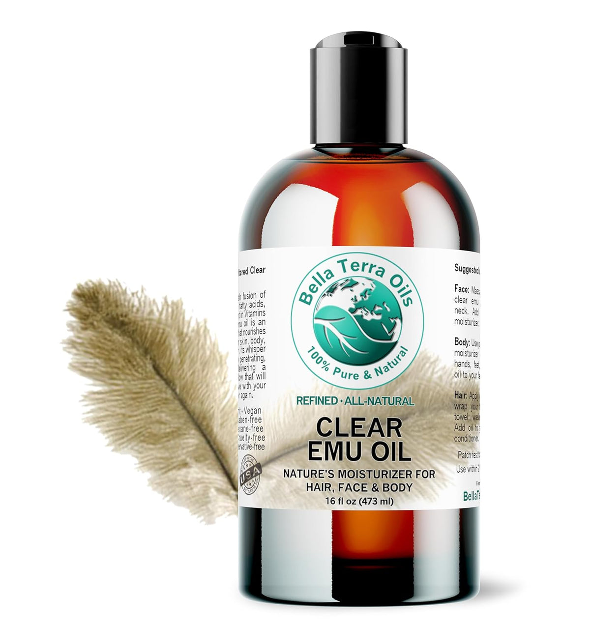 Bella Terra Oils - Clear Emu Oil 16 oz - Celebrate Nature's Best Kept Beauty Secret, Enriched with