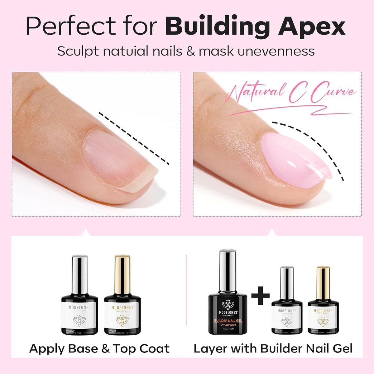 modelones Builder Nail Gel with Gel Base Top Coat, 3Pcs Baby Pink Builder Nail Kit for Apex