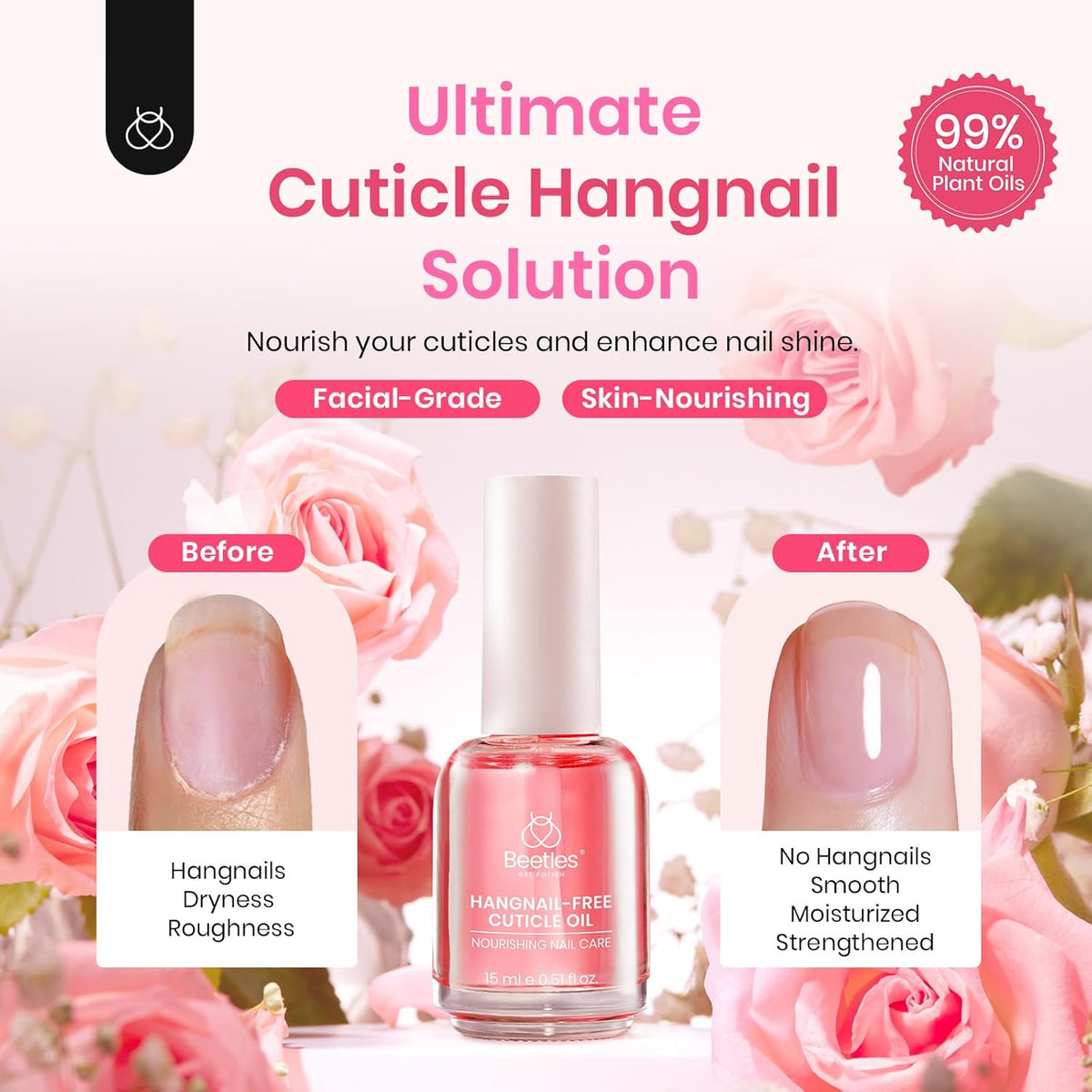 Beetles Cuticle Oil for Nail & Cuticle Care, 15ml Natural Rose Smell Oil with Vitamin E Nourish