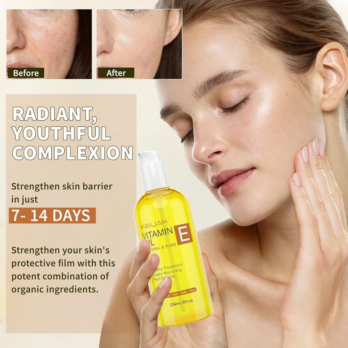 Organic Vitamin E Oil 50,000 IU for Skin, Pure & Natural Vitamine oils for Scars Hair, Face, Nail
