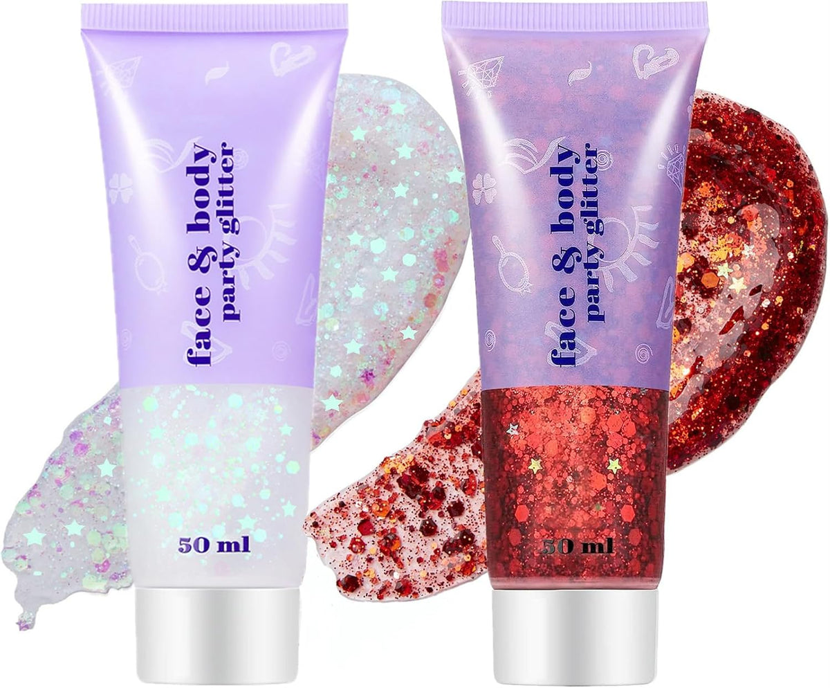 Go Ho Red and White Body Glitter Set,Singer Concerts Face Glitter Gel Makeup,Holographic Long