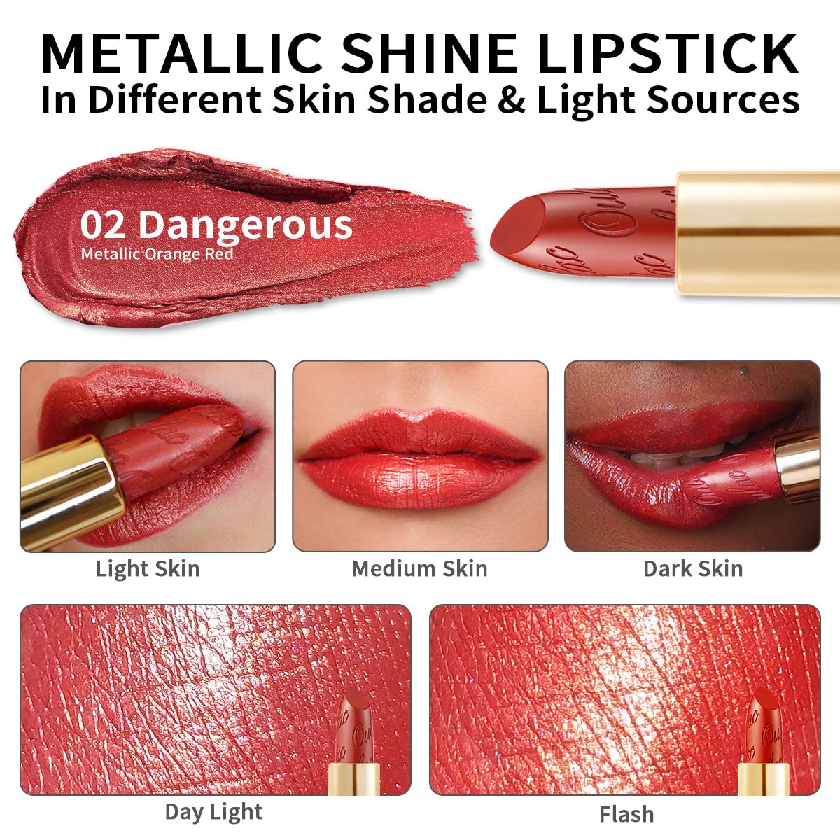 Oulac Orange Red Lipstick for Women with Metallic 3D Shine Lightweight Hydrating Formula, High