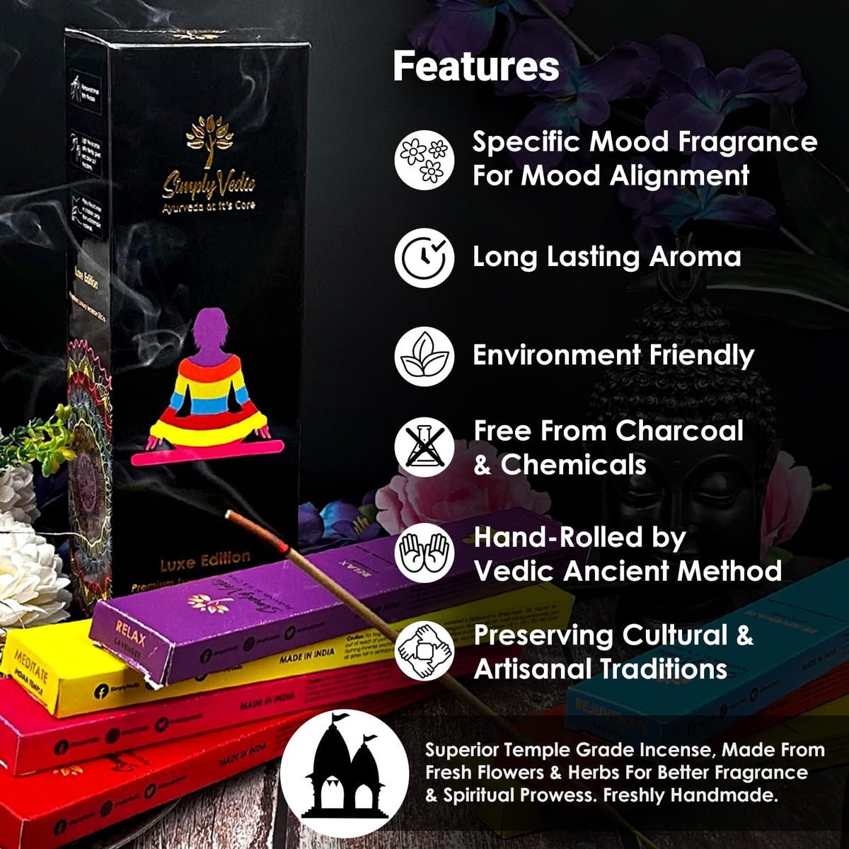 Luxe Incense Sticks Set – 175 Hand-Rolled Natural Incense with Holder | 7 Fragrances: Lavender
