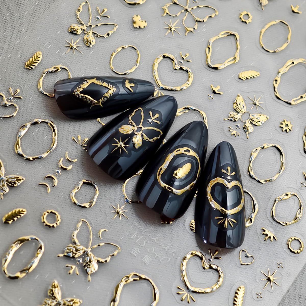 Gold Nail Art Stickers Butterfly Heart Nail Decals with Golden Design 5D Embossed Self Adhesive