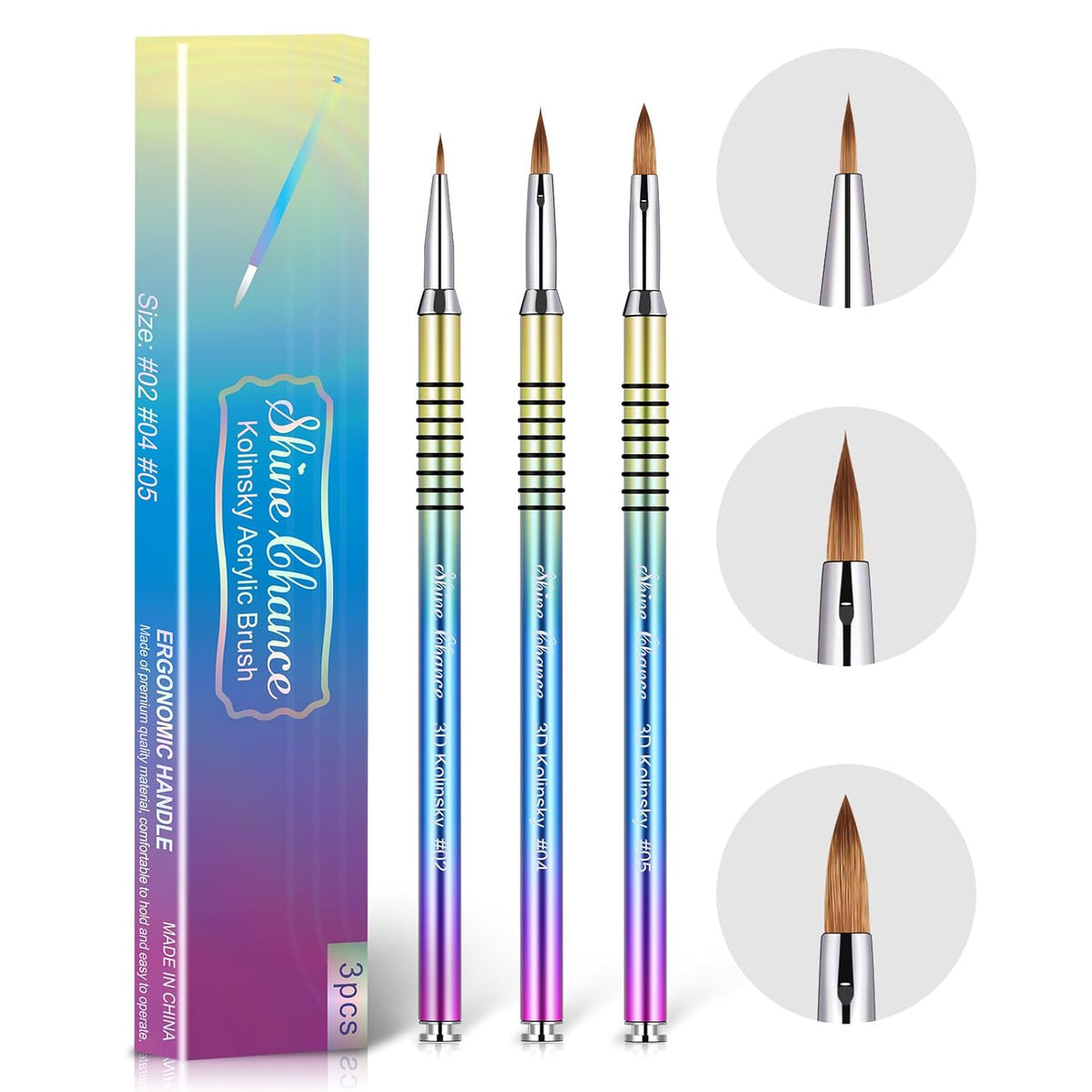 3Pcs Acrylic Nail Brushes Set Size 2 4 5, Kolinsky Hair Acrylic Nail Art Brush, Art Design & Polish
