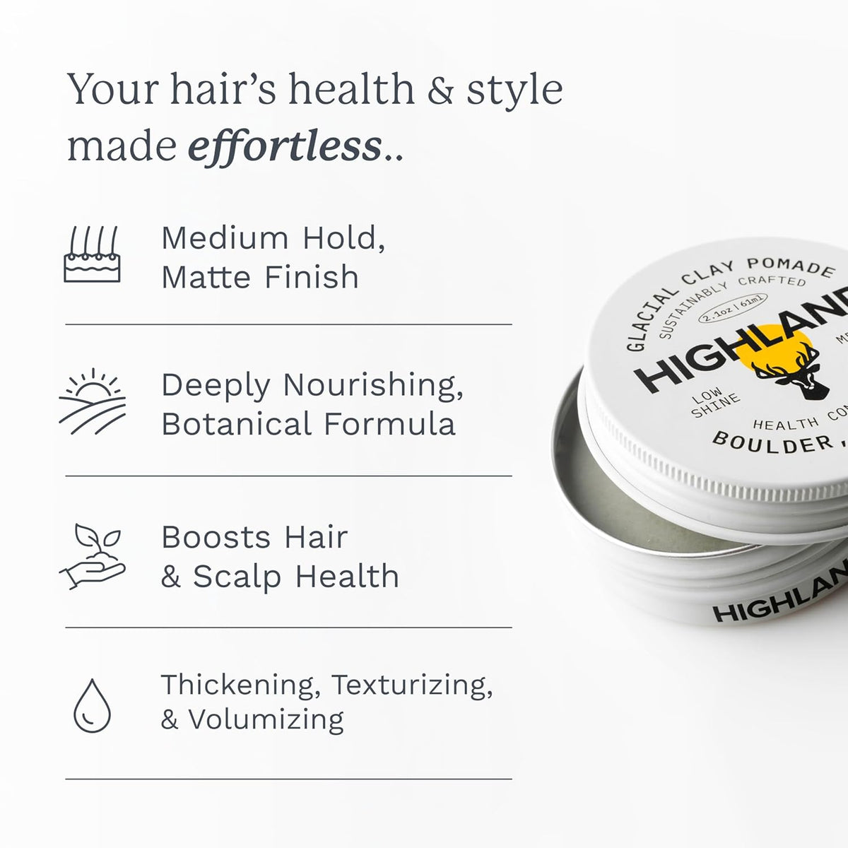 Highland Glacial Hair Clay Pomade - Award winning hair styling clay for men and women made with