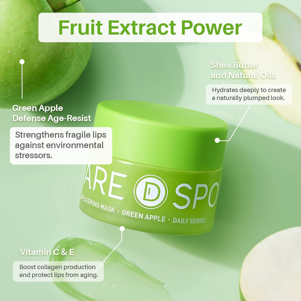 Sleeping Lip Mask Green Apple - Repair for Dry Cracked Lips, Infused with Vitamin C and Shea
