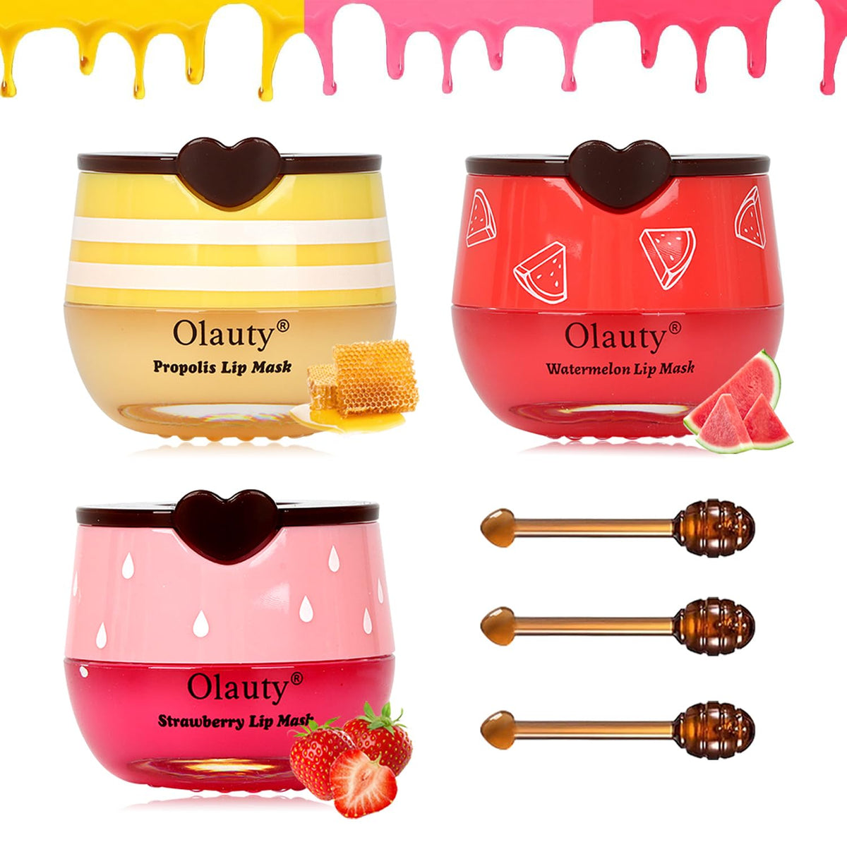 3 PCS Bee Lip Balm Lip Mask Honey Pot,Strawberry&Honey&Watermelon Lip Sleeping Mask,Hydrating