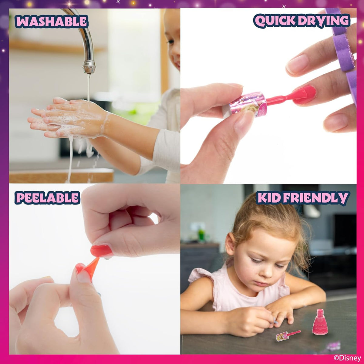 Disney Princess 15 Piece Water-Based Nail Polish with 3 Toe Spacers, Quick Dry, Peel Off, Gift Kit