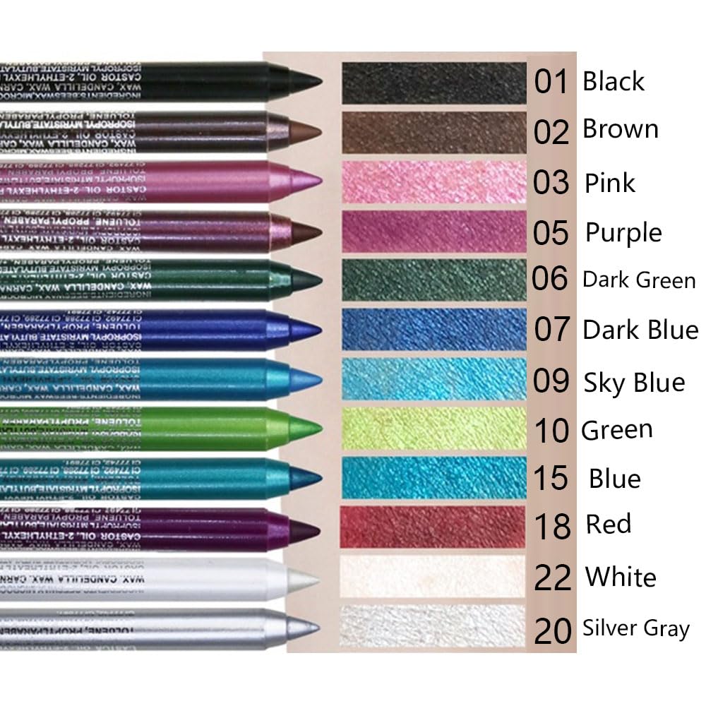 Kaely 12Pcs Glitter Gel Eyeliner Pencil Set for Women, Color Eye Liner Waterproof Smudge Proof with
