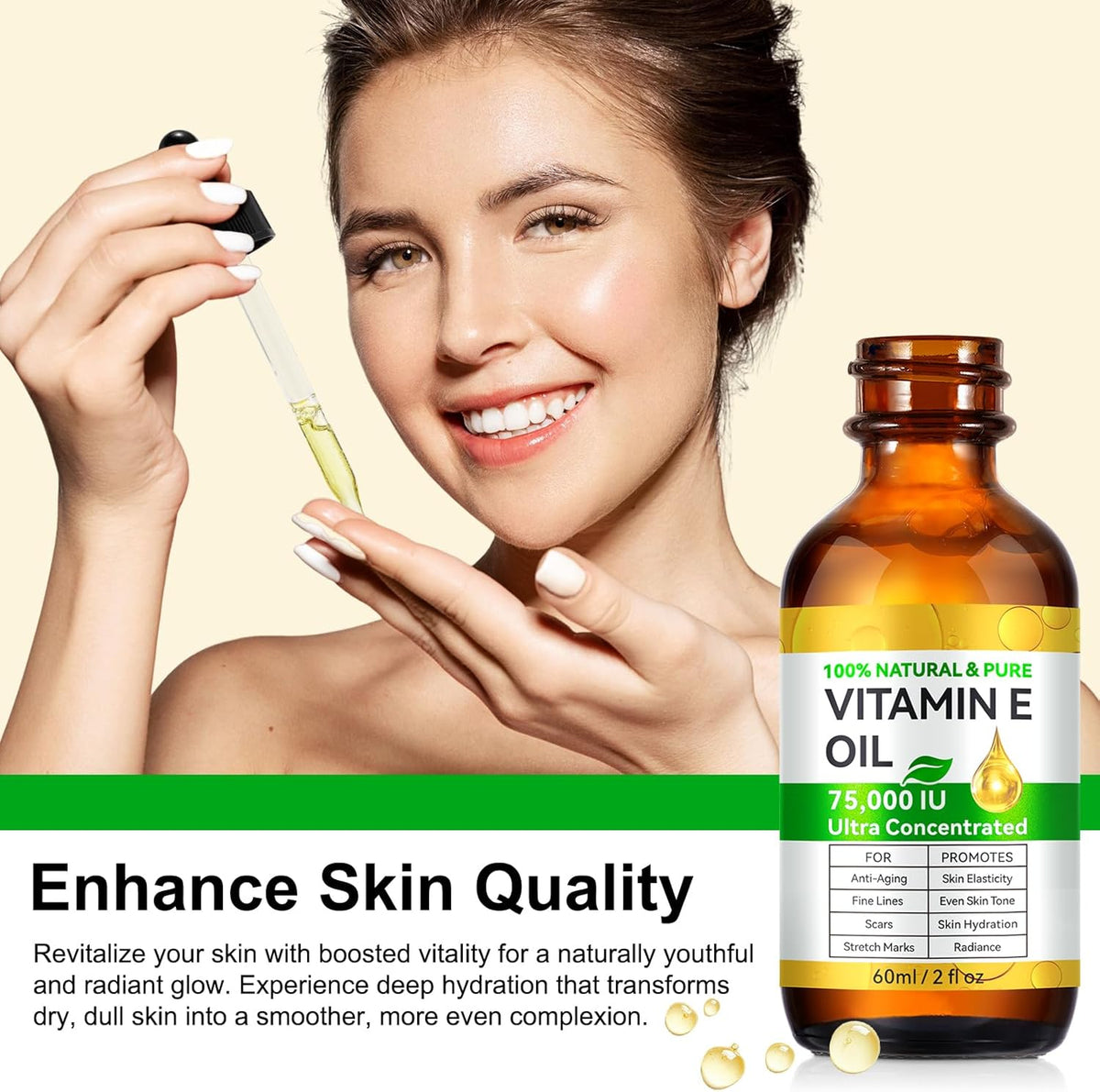 Vitamin E Oil for Skin 75,000 IU, 2Fl Oz Pure Vitamin e Oil for Scars, Hair, Face and Scalp