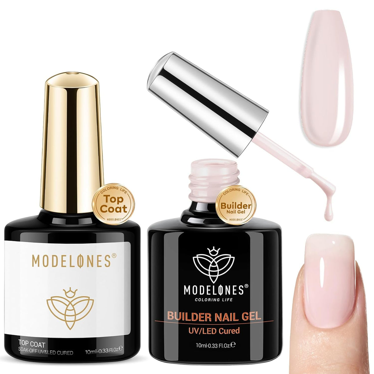 modelones Builder Nail Gel with Gel Top Coat, 8-In-One Cover Nude Builder Acid Free Top Coat for
