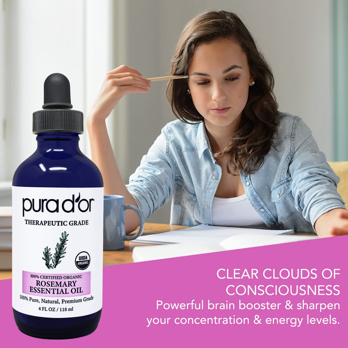 PURA D'OR Organic Rosemary Essential Oil, 4oz, Therapeutic Grade, for Hair, Body, Skin
