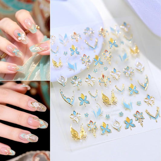 1 Sheet Flower Nail Stickers 5D Embossed Blue Gold Floral Nail Decals 3D Self-Adhesive New Chinese