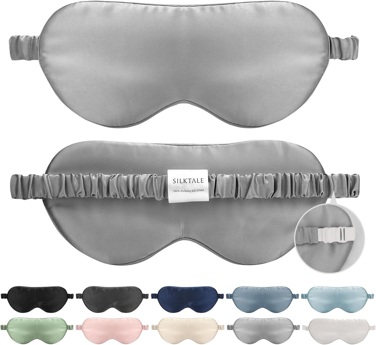 100% Mulberry Silk Eye Mask for Sleeping with Silk Wrapped Adjustable Strap,Silver Gray