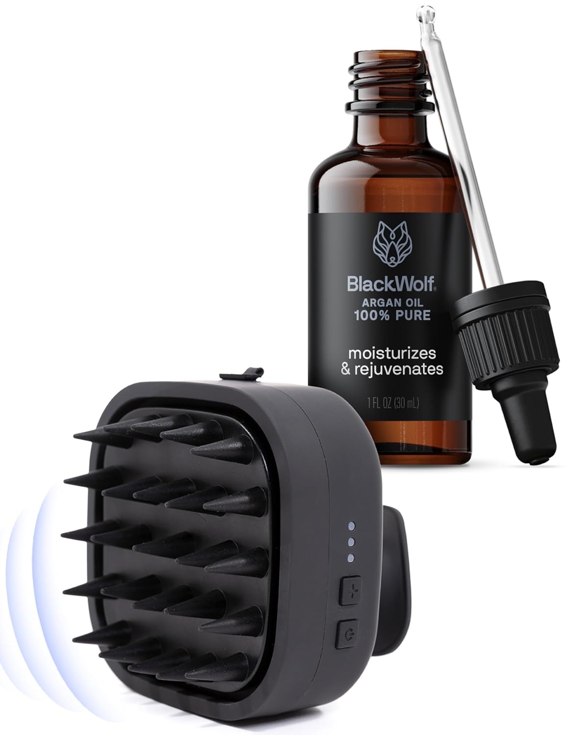 Black Wolf Sonic Scalp Head Massager & 100% Pure Argan Oil Bundle - Hair Care Products for Healthy