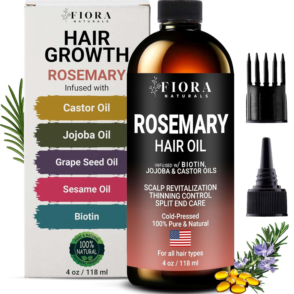 100% Pure Rosemary Oil for Hair Growth, Infused with Biotin, Jojoba & castor Oils - Natural Hair
