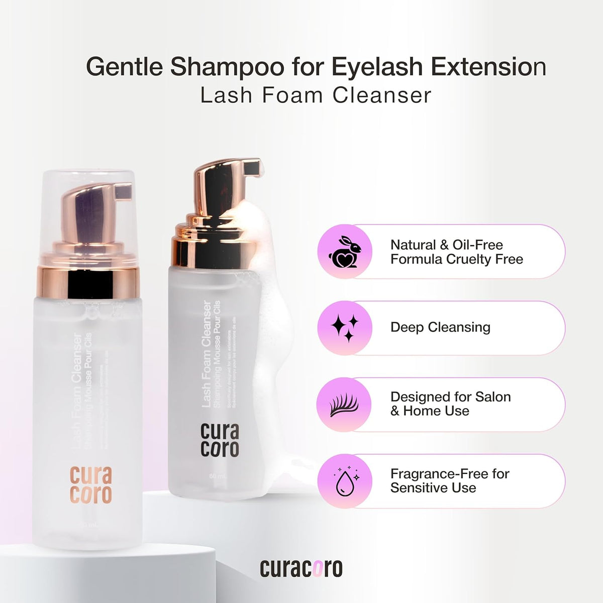 CURACORO 60ML Eyelash Extension Cleanser (Unscented) - Lash Shampoo for Lash Extensions, Eyelash