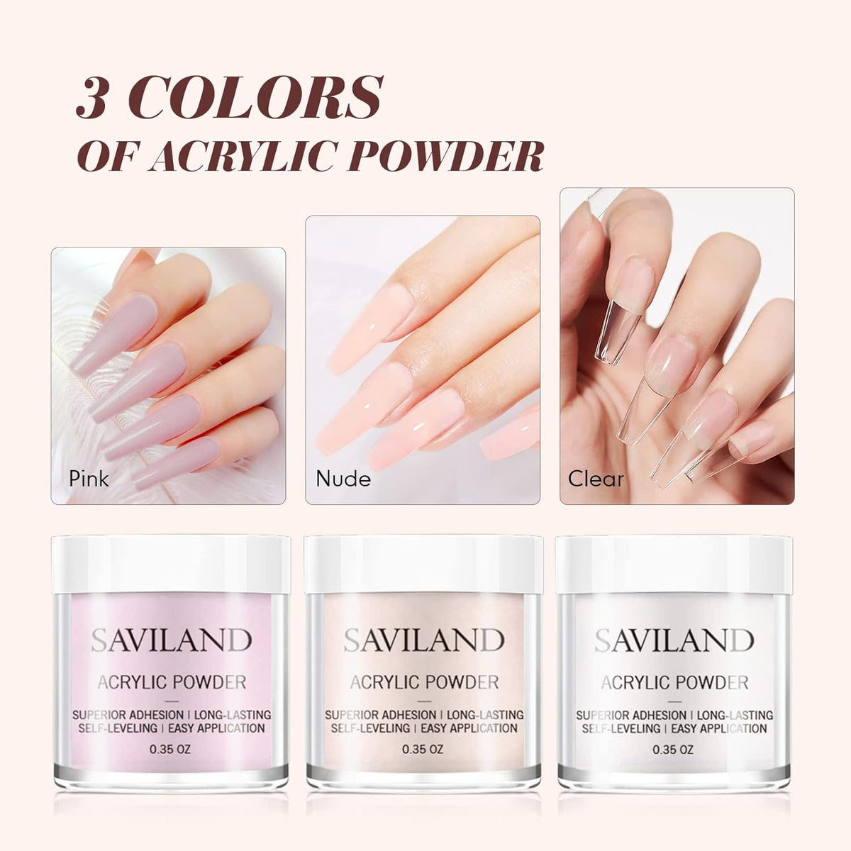 Saviland Acrylic Nail Starter Kit: Clear Pink Nude Acrylic Powder & Liquid, Brush, Files, Forms