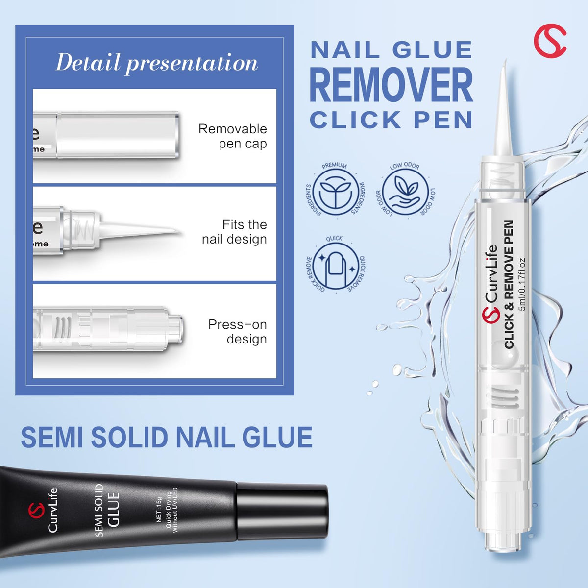 Curvlife 15g Semi Solid Nail Glue Gel with 5ml 3 in 1Nail Glue Remover, No Need for Uv Light, Gel