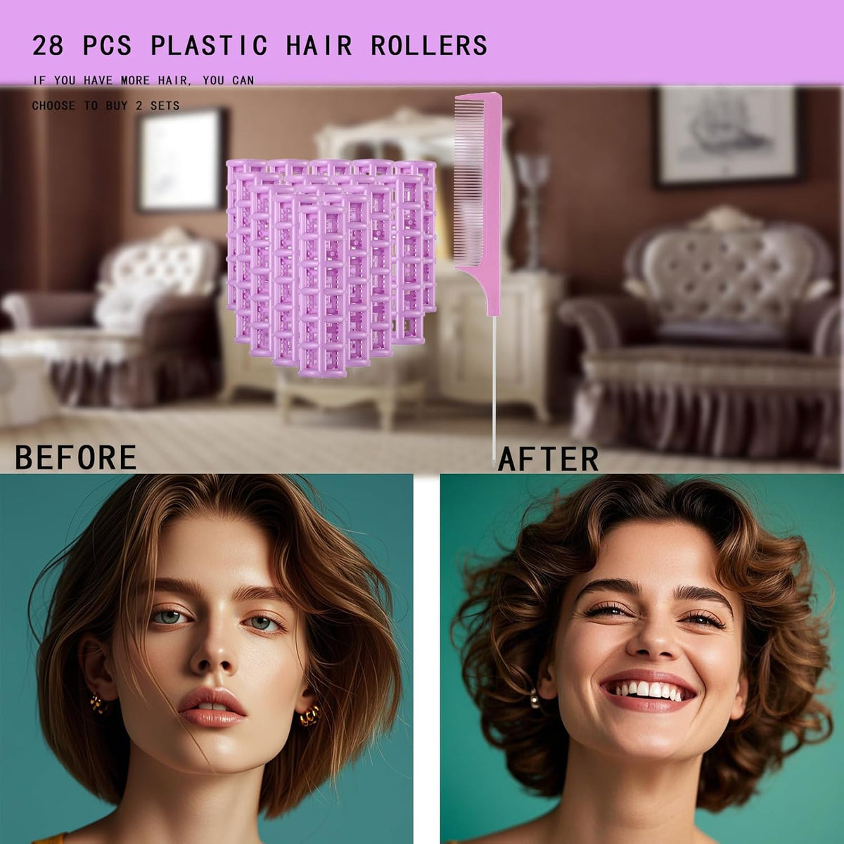 28PCS Self Grip Small Hair Rollers Set, 0.6in Plastic No Heat Roller Hair Curlers with Comb