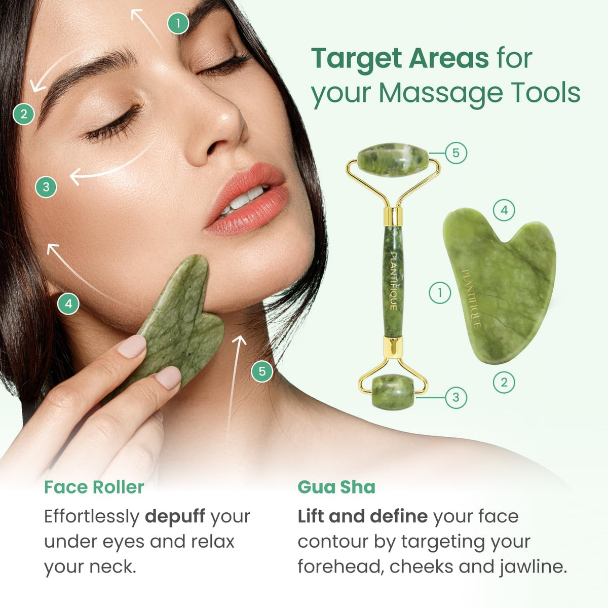 PLANTIFIQUE Jade Roller & Gua Sha Set – Real Jade Facial Tools for Skin Care Routine – Certified