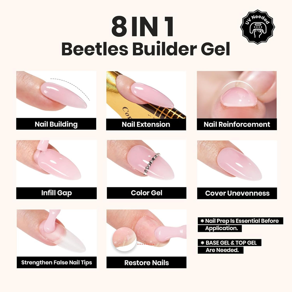 Beetles Builder Gel Set,3 Pcs 8 in 1 Nail Strengthening Apex Building Extension for Beginner DIY