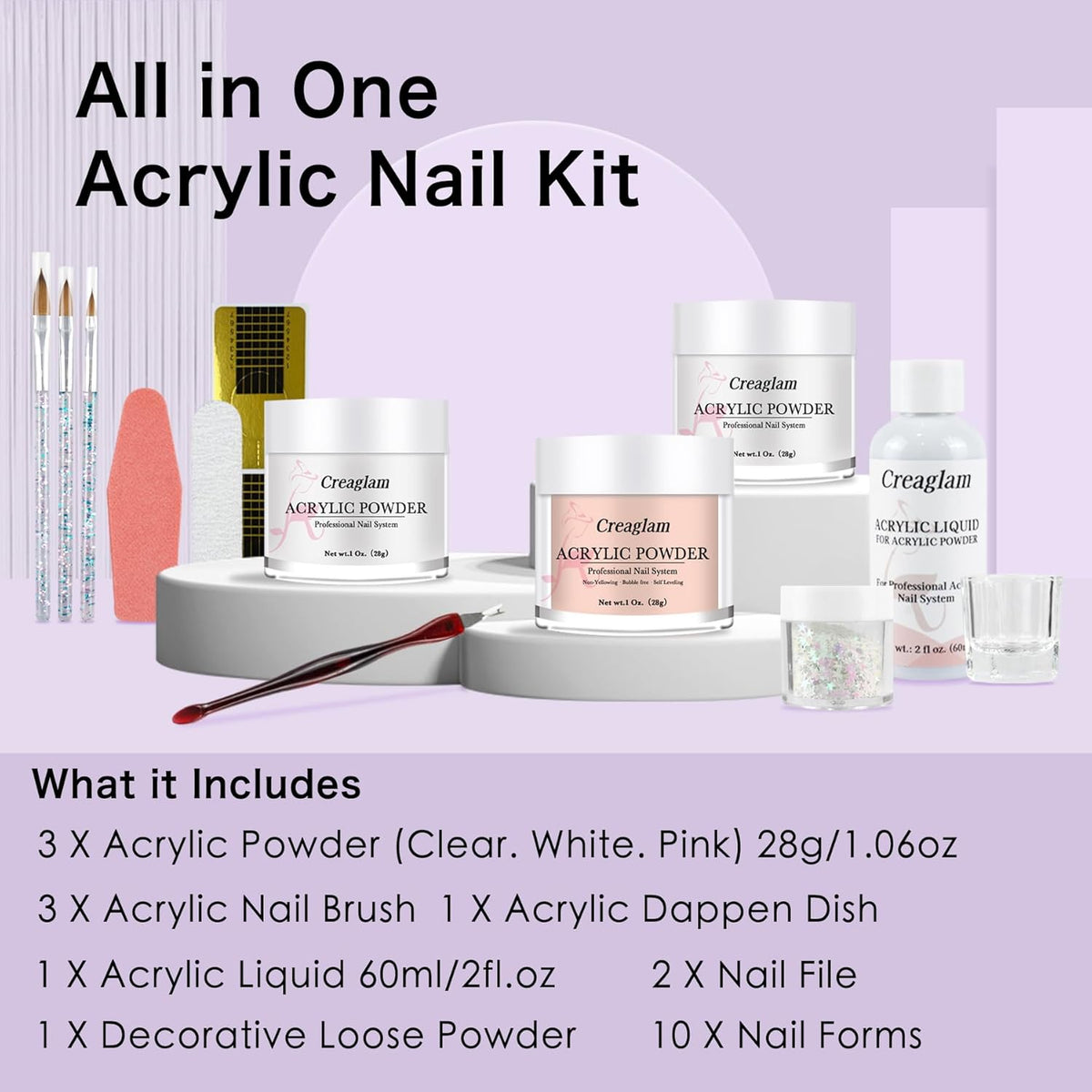 Acrylic Nail Kit for Beginners: 3 Colors 28g Nude Clear White Acrylic Nail Powder Professional Gel