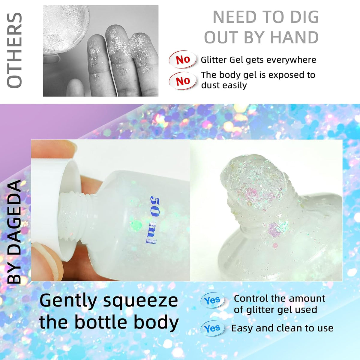DAGEDA Body Glitter Gel, Face Glitter Body Gel Sequins Shimmer Liquid Eyeshadow, Chunky Glitter for