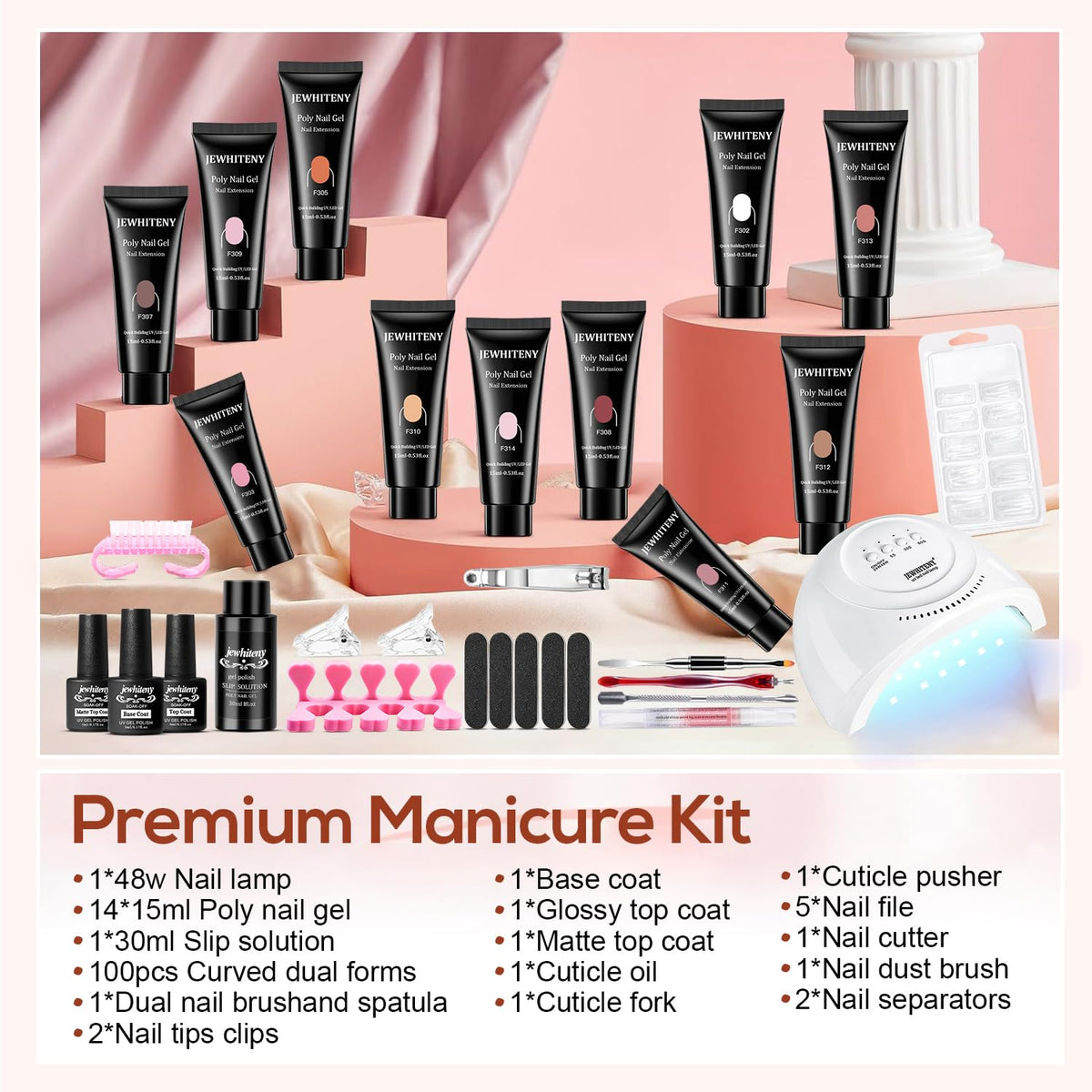 JEWHITENY Poly Extension Gel Kit With 48W LED Nail Lamp 14 Colors Builder Extension Gel All-in-One