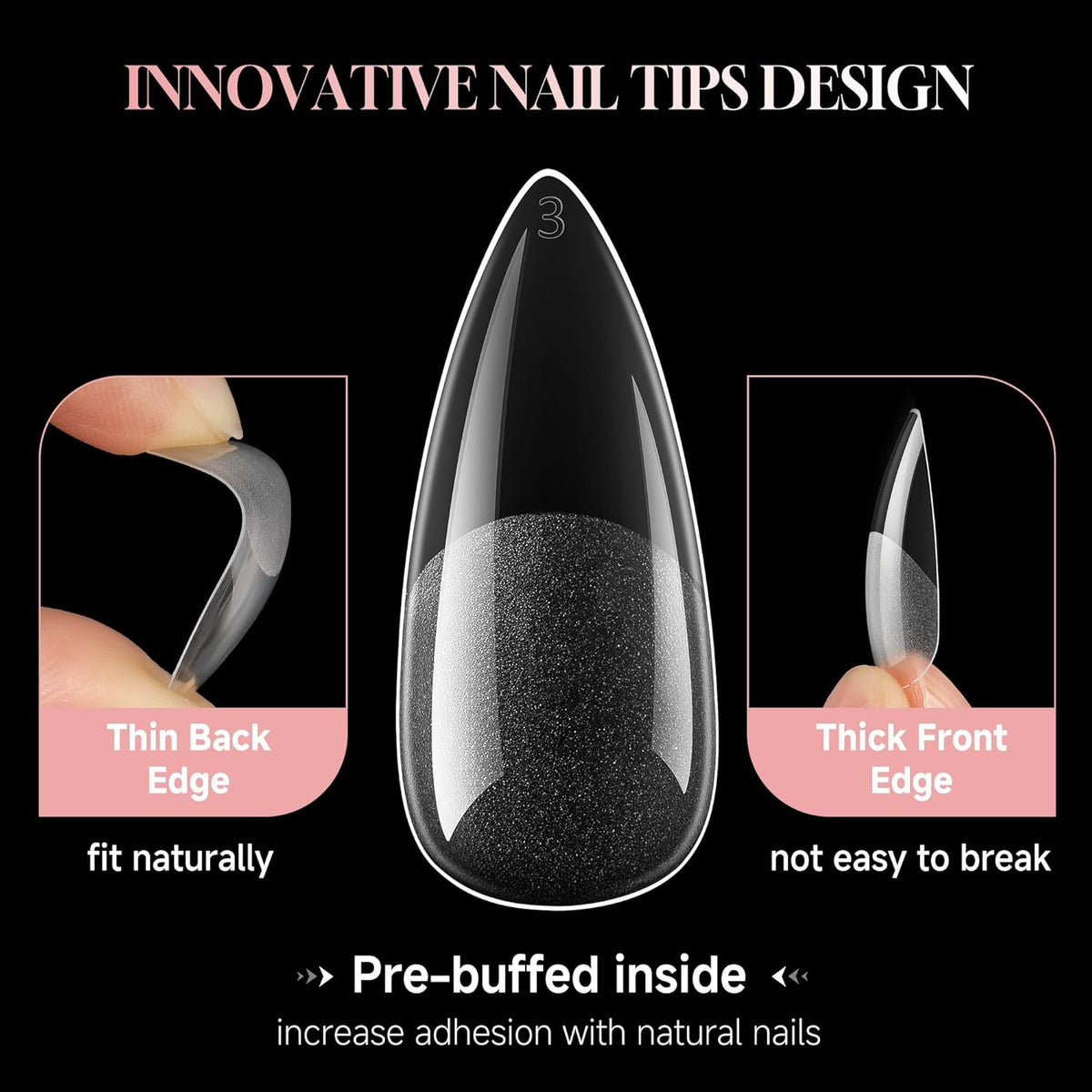 Long Almond Nail Tips: 504pcs Full Cover Soft Gel Nail Tips, 12 Sizes Pre-Etched Half Matte Almond