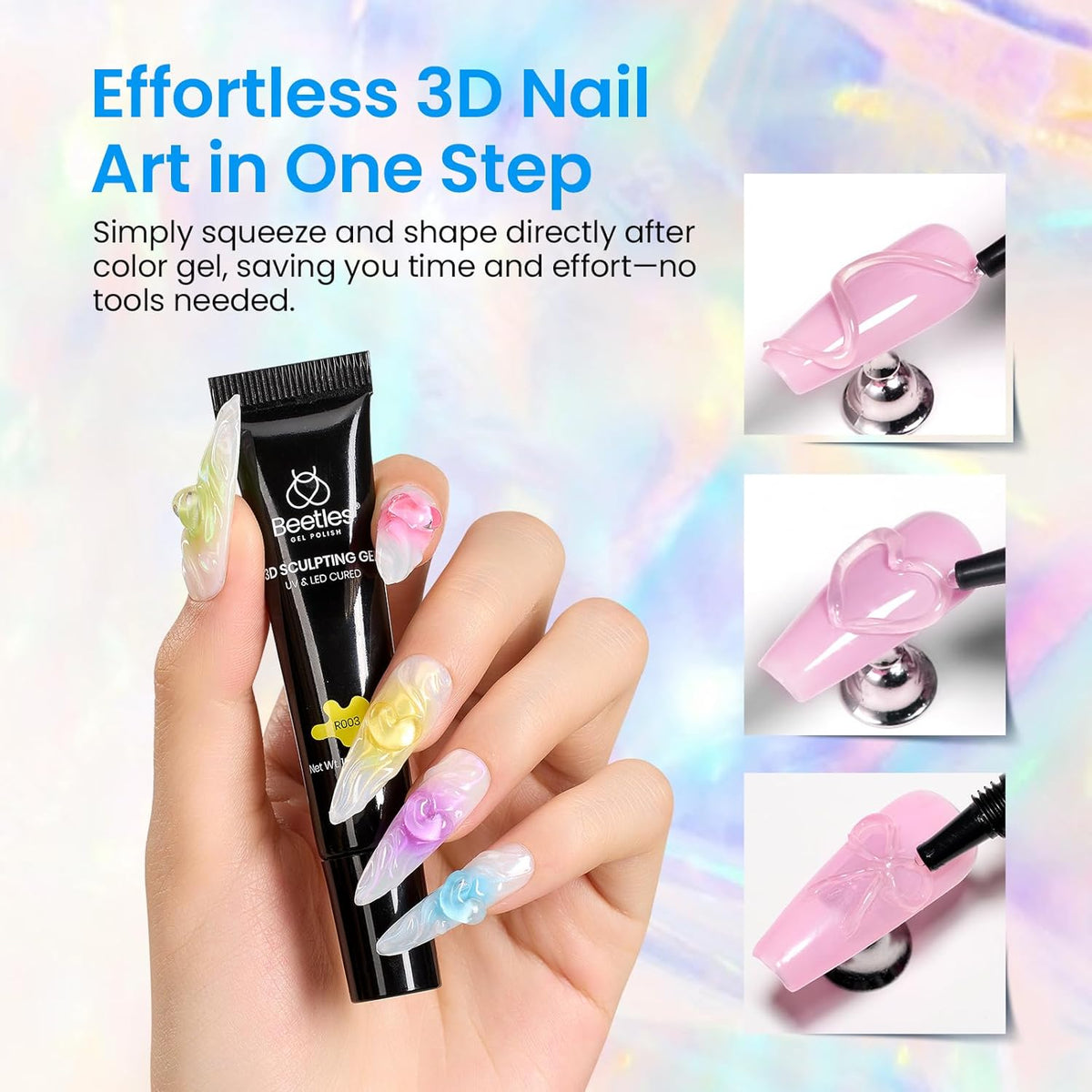 Beetles Sculpting Gel 3D Gel for Nail Art - 6 Colors No Wipe Nail Polish Rhinestone Nail Art Glue