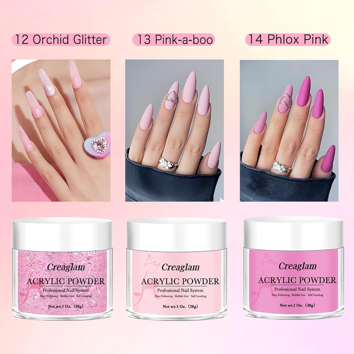 Acrylic Powder Large Capacity: 3Pcs 1 Oz. Orchid Glitter Super Nail Polymer for 3D Art Carving