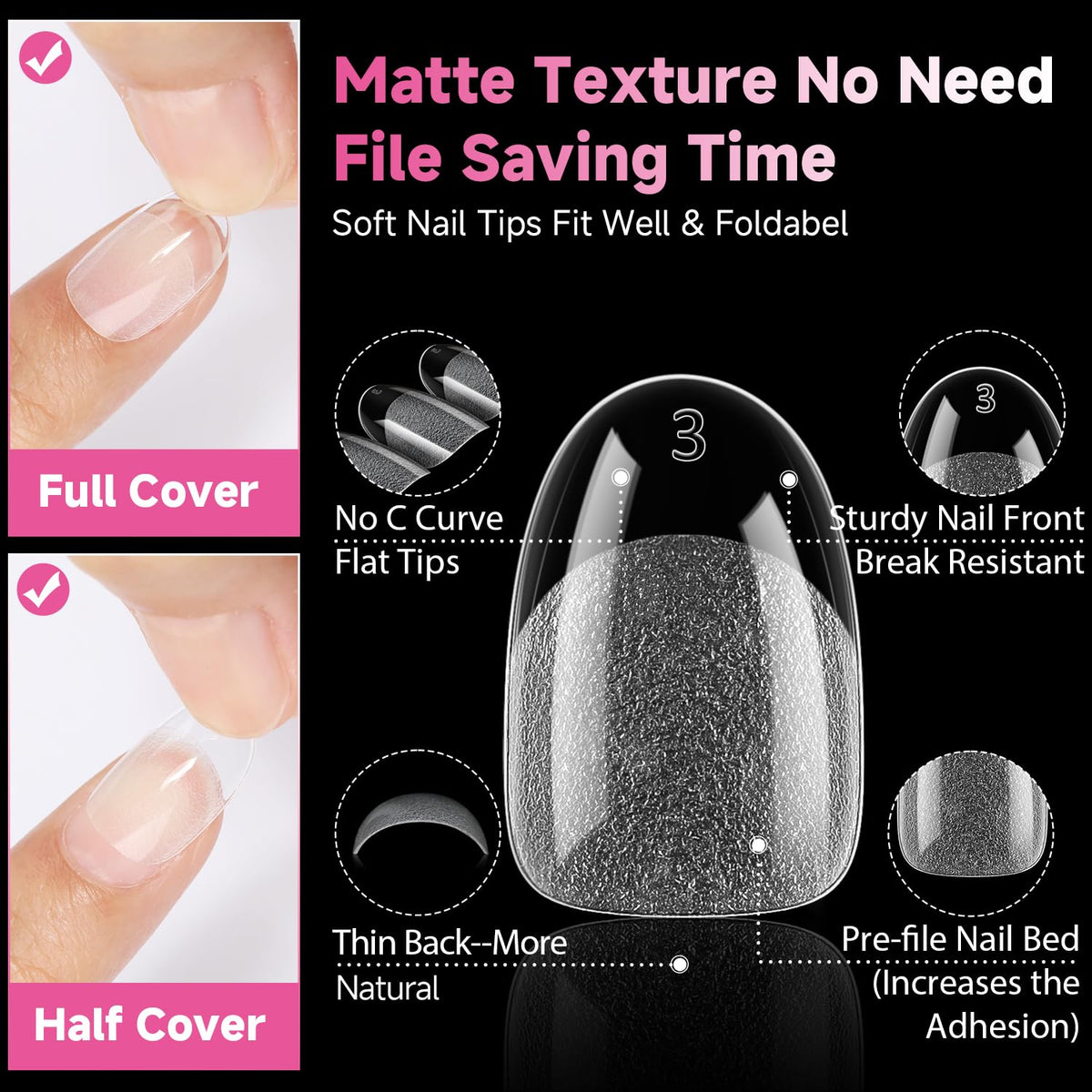 UNA GELLA Short Oval Round Nail Tips, Soft Gel Pre-shaped Half Matte Short Oval Gel Nail Tips Full