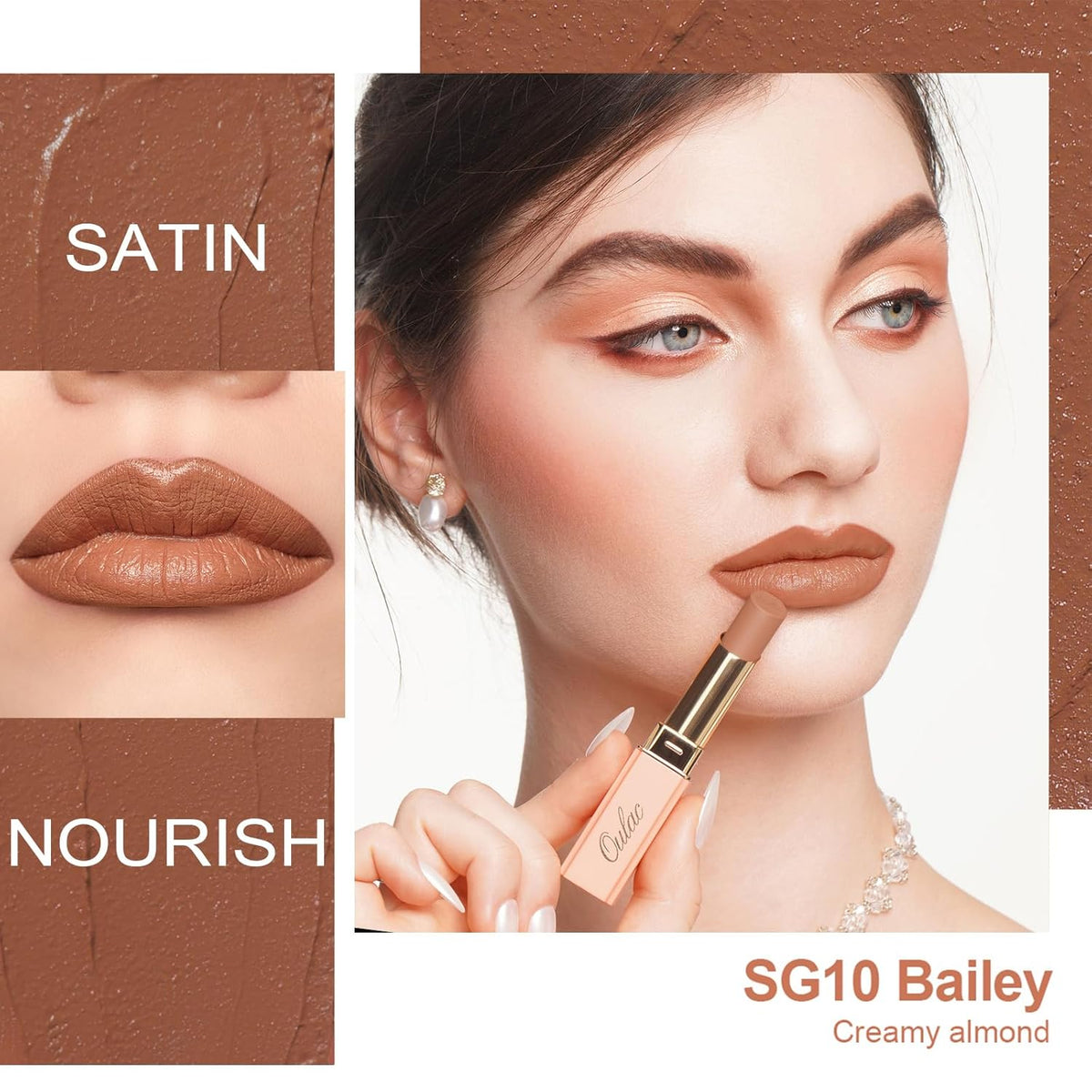 Oulac Color Rich Satin Lipstick - Light Brown Full Coverage Lip Color, Creamy Silky-Smooth