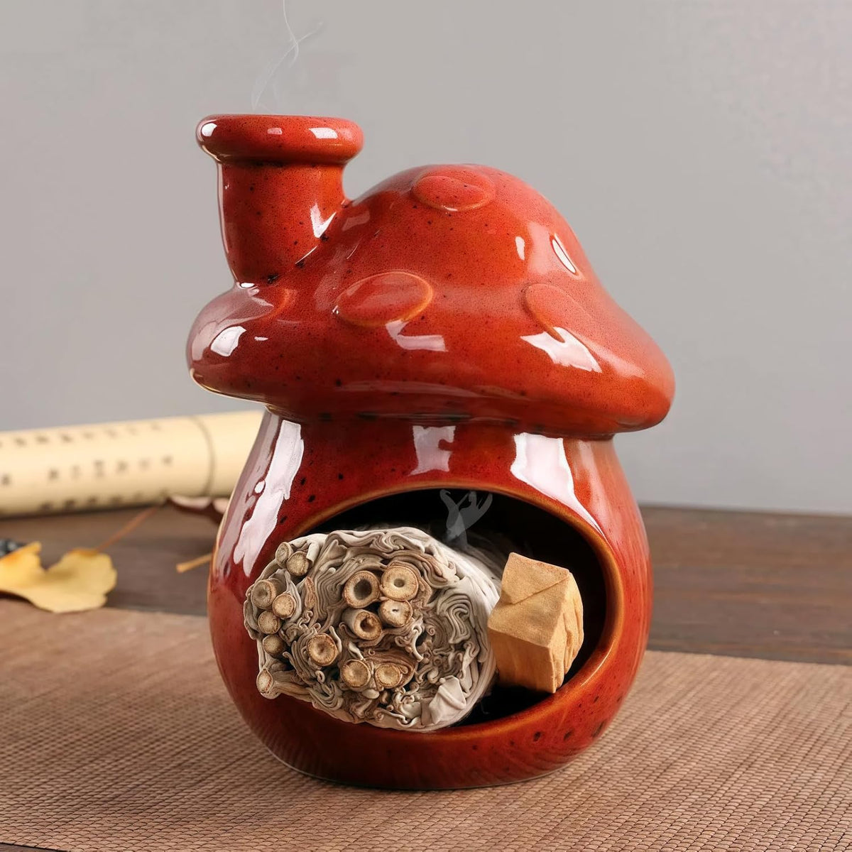 Mushroom Incense Holder, Red Ceramic Palo Santo Holder Burner & Sage Holder - Mini Tabletop