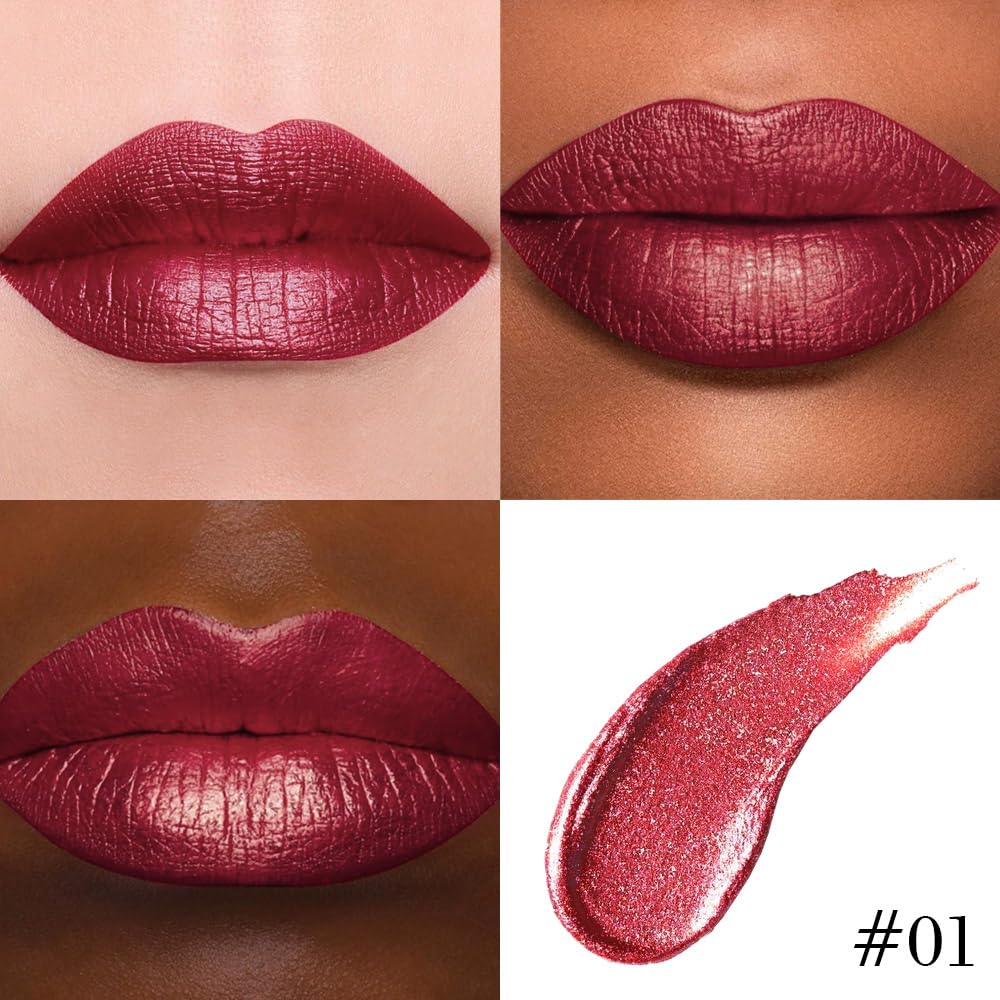 evpct Dark Red Metallic Glitter Lip Liner and Lipstick Combo Lip Gloss Stain Set Makeup for Women