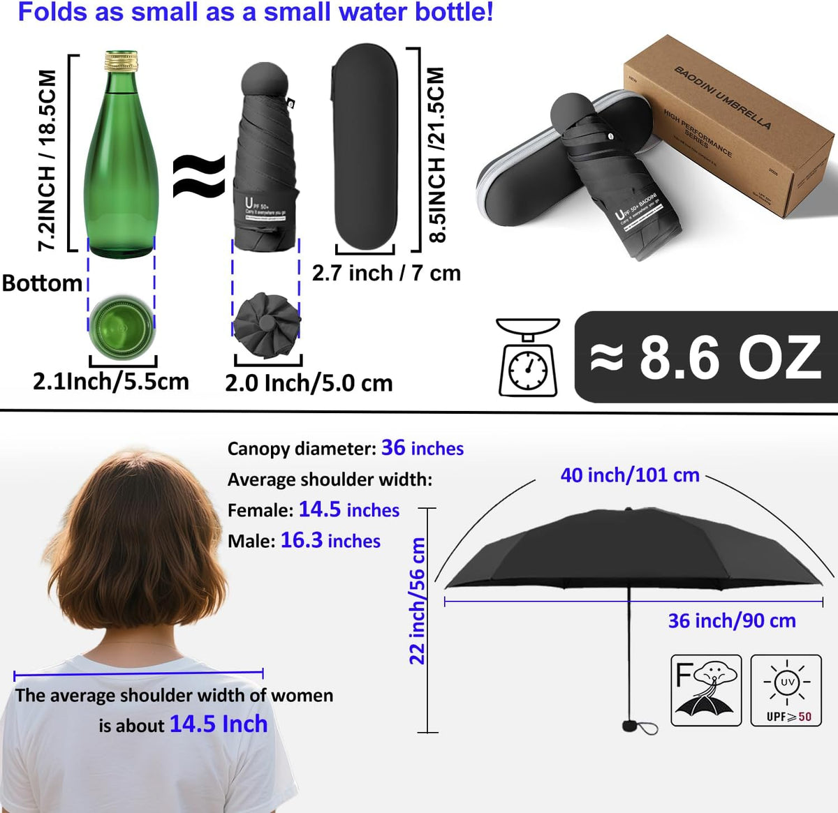 BAODINI Travel Essentials Mini Umbrella for Purse With Case Small Compact UV Sun Protection