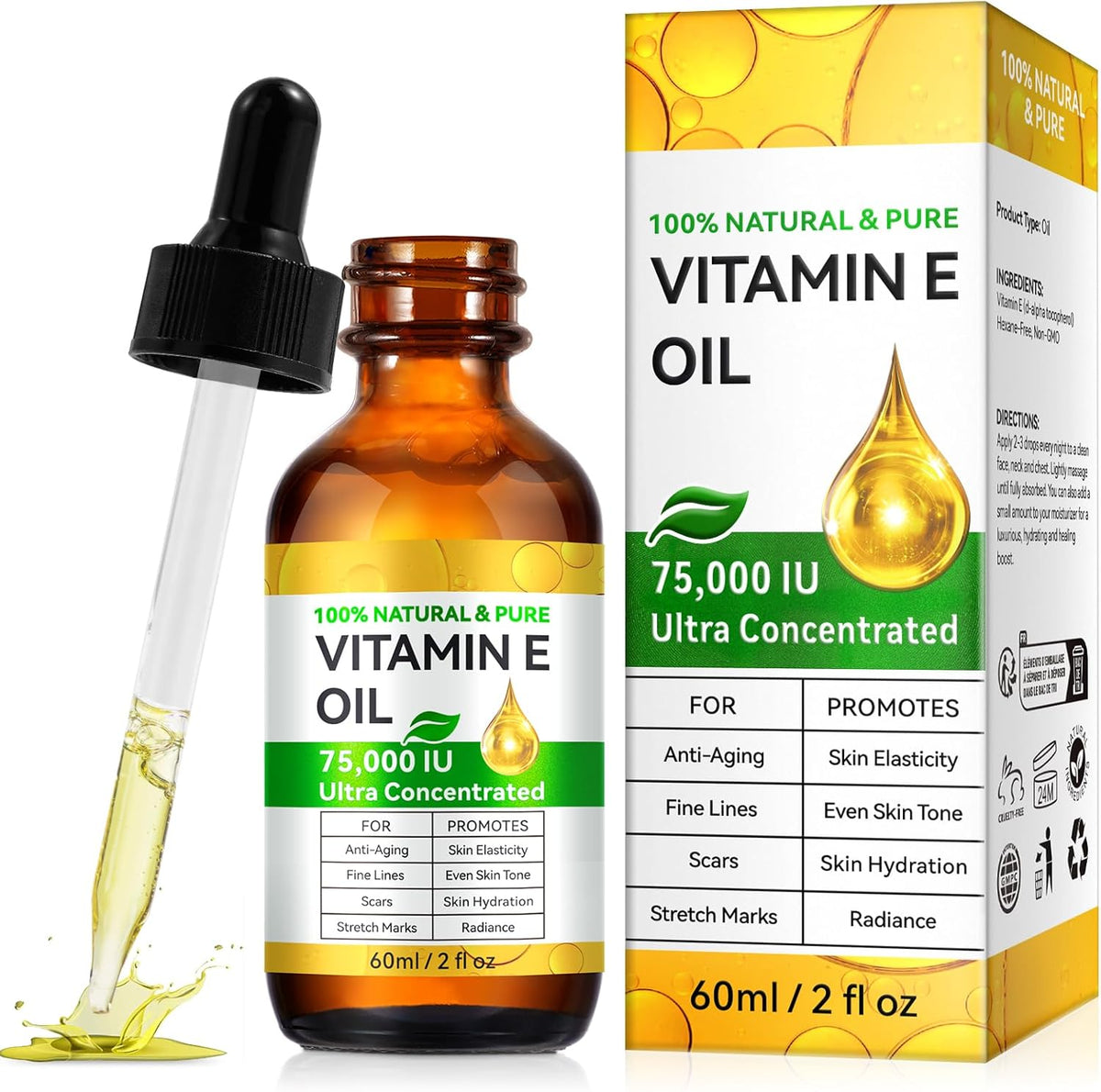 Vitamin E Oil for Skin 75,000 IU, 2Fl Oz Pure Vitamin e Oil for Scars, Hair, Face and Scalp