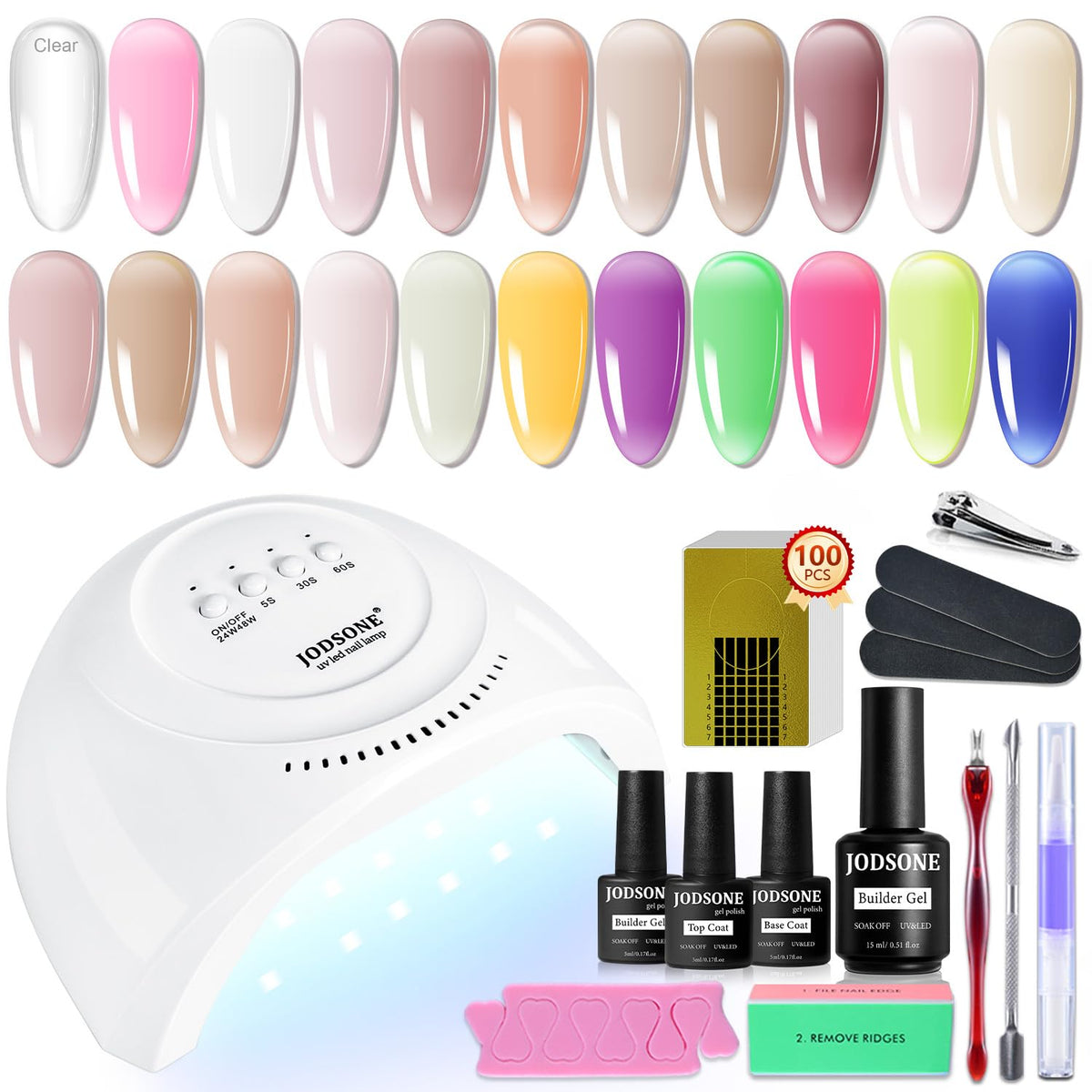 JODSONE Builder Gel Nail Kit with U V Light Base Top Coat 21 Colors High Shine Builder Gel and 100