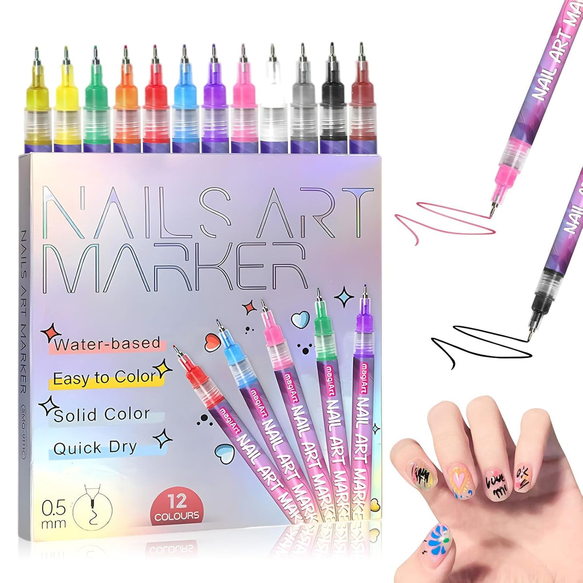 12 Colors Nail Art Pens Set, 3D Quick-Dry 0.5MM Nail Polish Pens, 2025 DIY Nail Art Marker Graffiti
