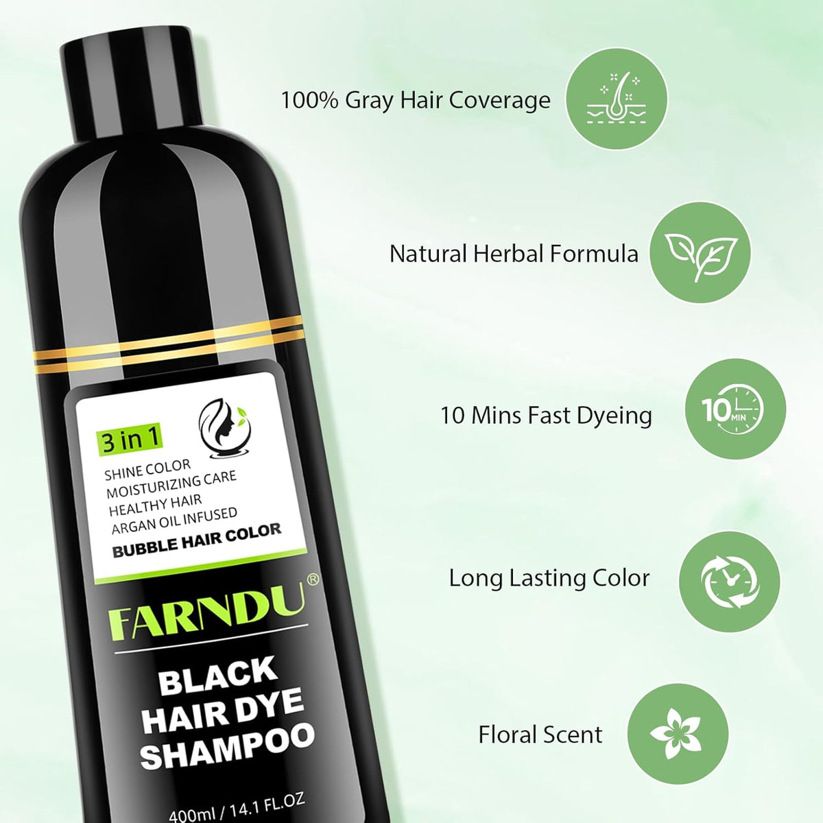 Black Hair Dye Shampoo for Women & Men, Gray Hair Coverage Herbal Natural 3 in 1 Hair Color