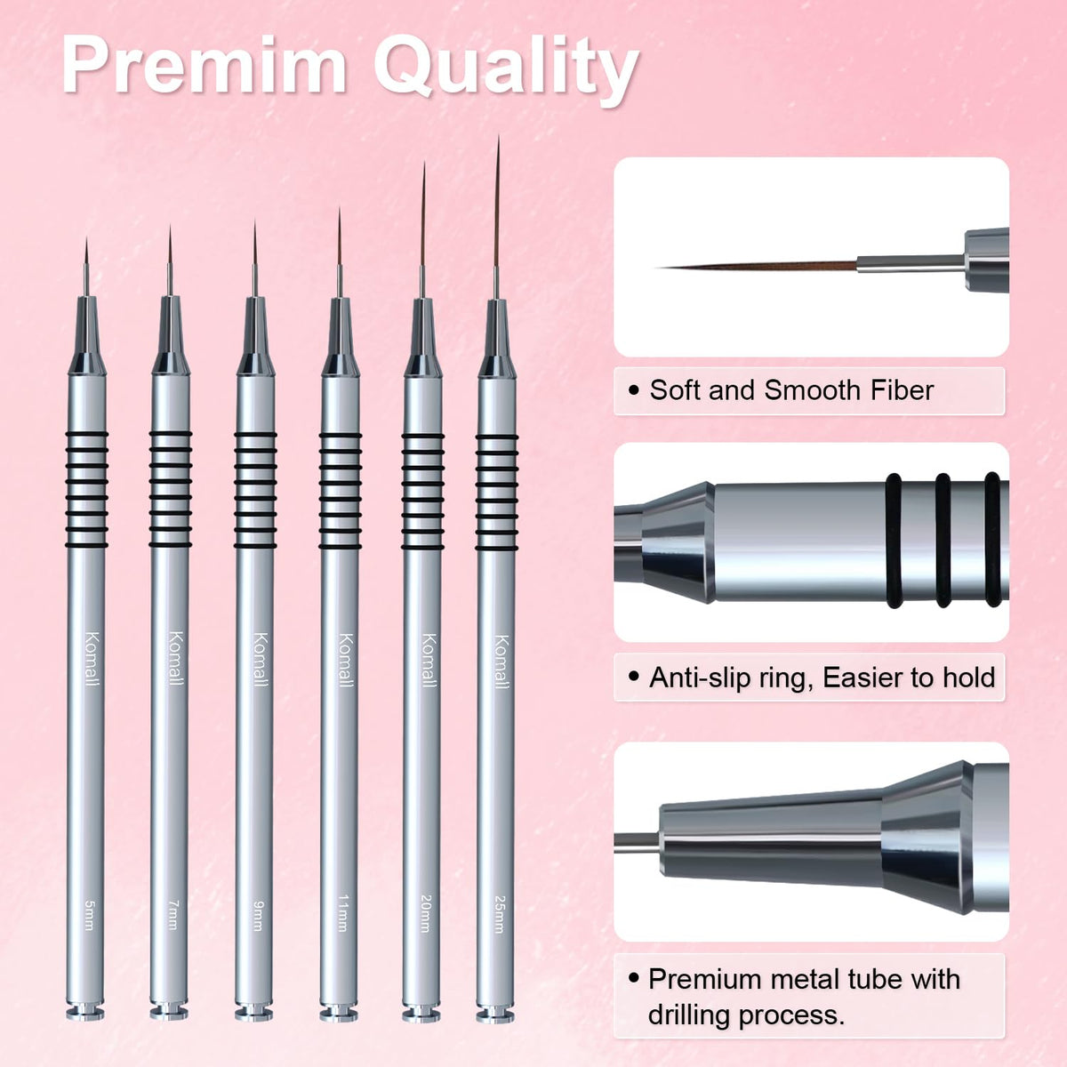 Metallic Nail Art Brushes, 6Pcs Non Slip Liner Brush Set, UV Gel Polish Painting Art Design Pen for