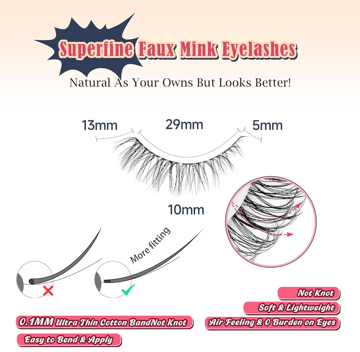 Lashes Natural Look False Eyelashes Wispy 13mm Eye Lashes Pack with Thin Cotton Band C Curl Fake