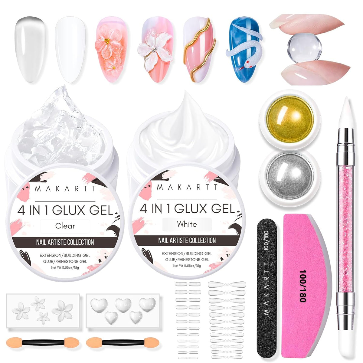 Makartt 3D Gel Nail Art for Nails Starter Kit: Clear and White for Extension Solid Gel Builder DIY