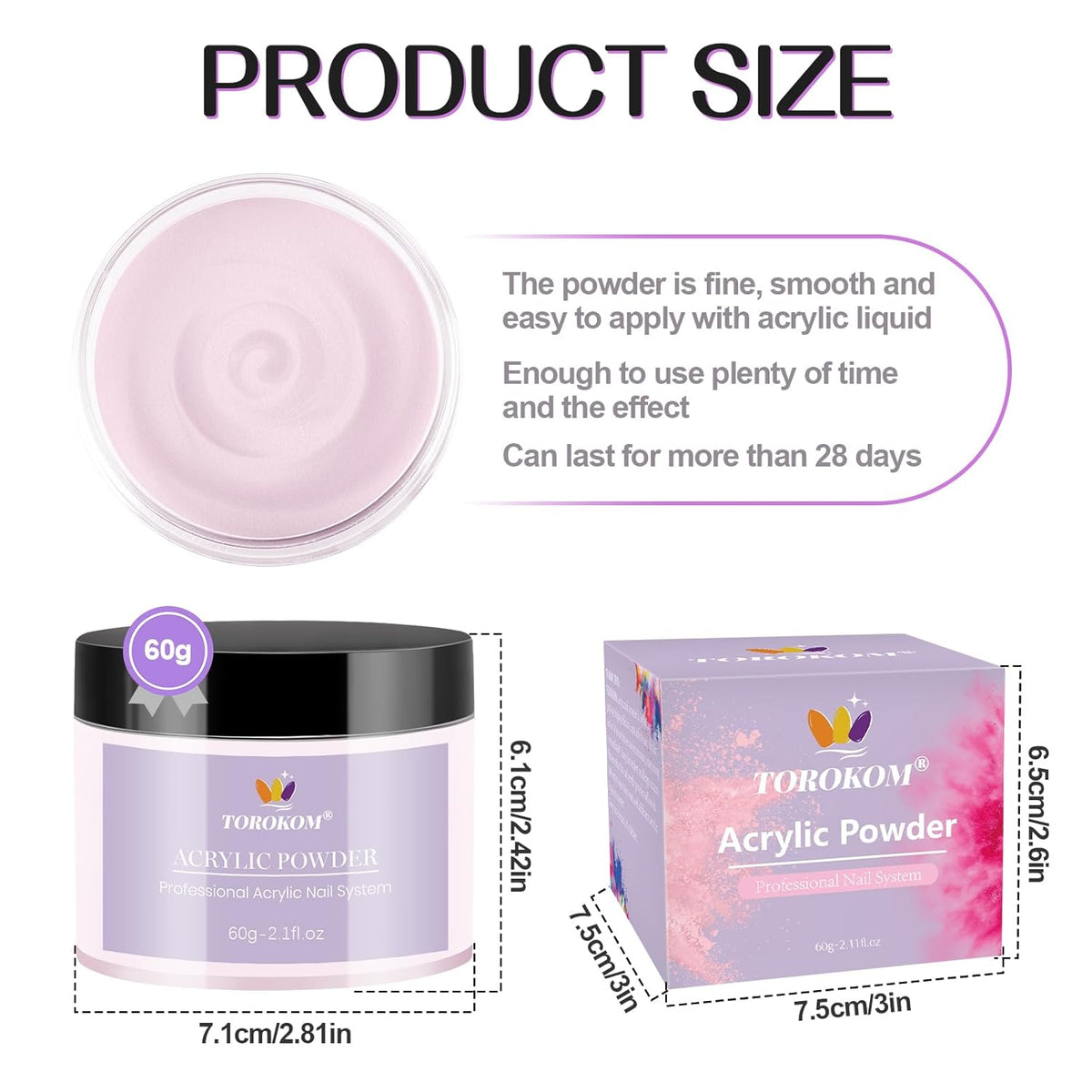 TOROKOM Acrylic Nail Powder Set, 2 Colors Nude Pink Acrylic Powder Colored for 3D Art Nail Carving